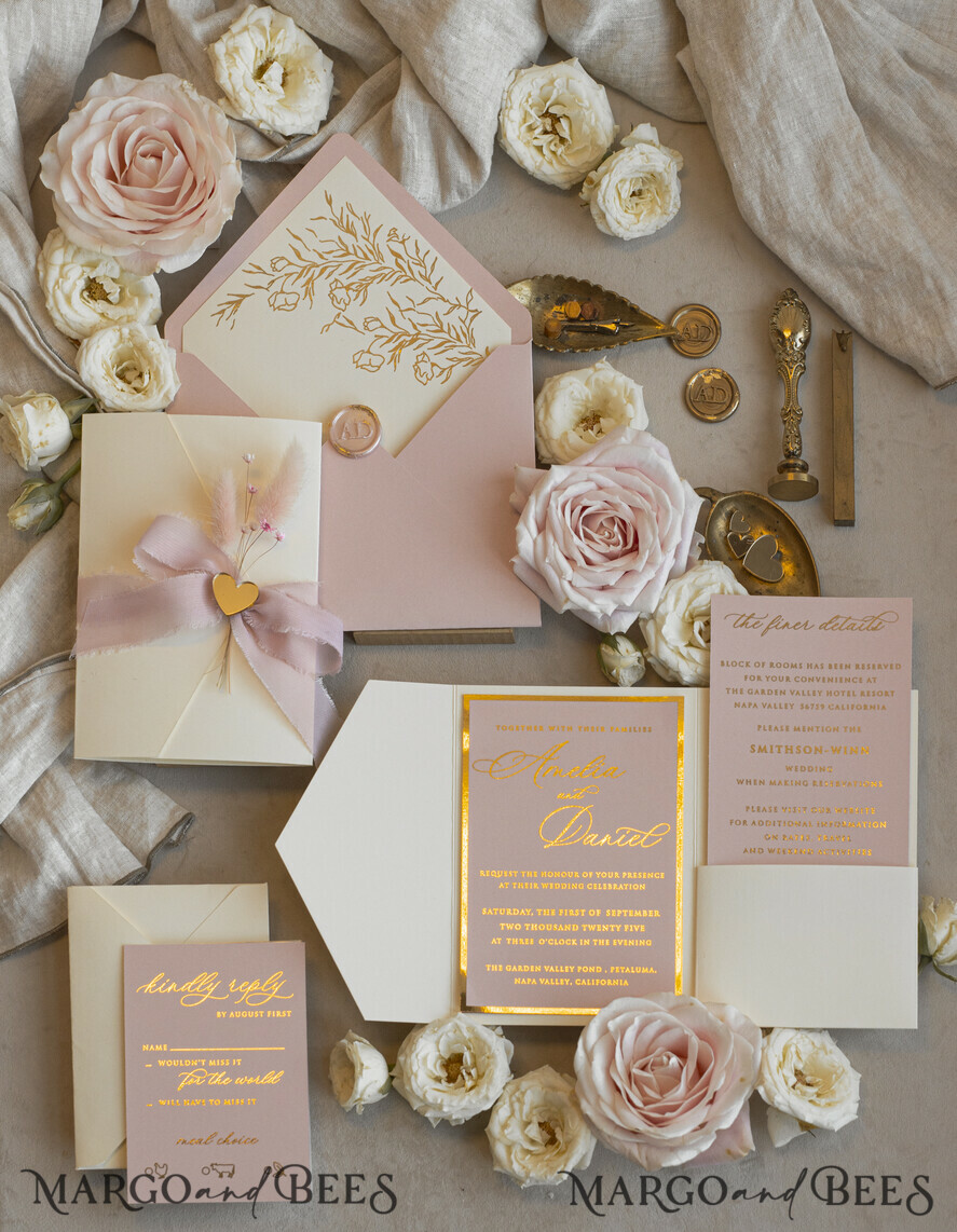 WEDDING INVITATIONS whimsical boho invites Folder Blush Gold Wedding Invitation with chiffon torn bow and natural dried flowers, Golden Elegant Roses Floral Wedding Invitation with golden mirror heart
