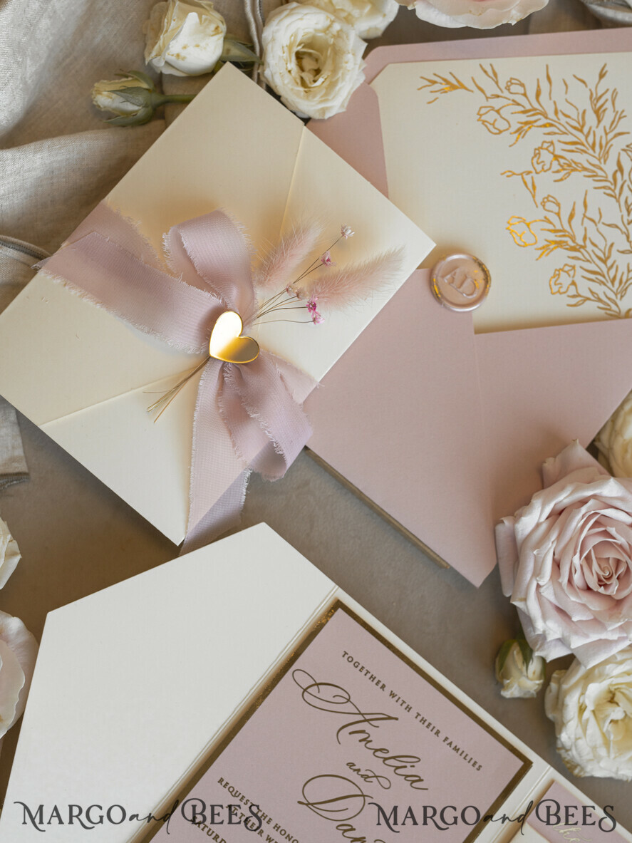 WEDDING INVITATIONS whimsical boho invites Folder Blush Gold Wedding Invitation with chiffon torn bow and natural dried flowers, Golden Elegant Roses Floral Wedding Invitation with golden mirror heart