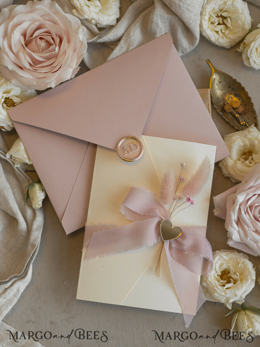 WEDDING INVITATIONS whimsical boho invites Folder Blush Gold Wedding Invitation with chiffon torn bow and natural dried flowers, Golden Elegant Roses Floral Wedding Invitation with golden mirror heart
