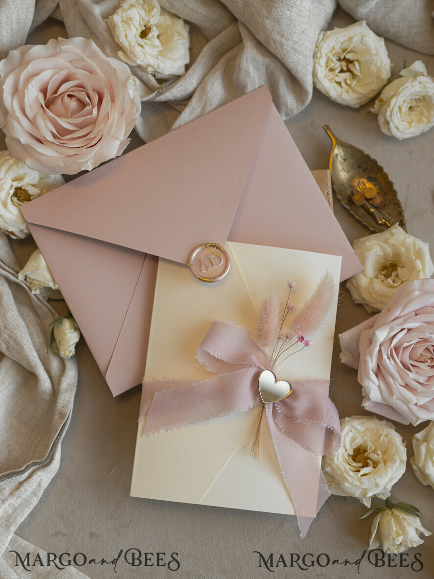 WEDDING INVITATIONS whimsical boho invites Folder Blush Gold Wedding Invitation with chiffon torn bow and natural dried flowers, Golden Elegant Roses Floral Wedding Invitation with golden mirror heart