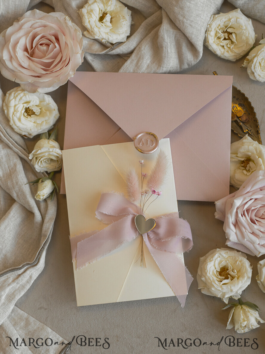 WEDDING INVITATIONS whimsical boho invites Folder Blush Gold Wedding Invitation with chiffon torn bow and natural dried flowers, Golden Elegant Roses Floral Wedding Invitation with golden mirror heart