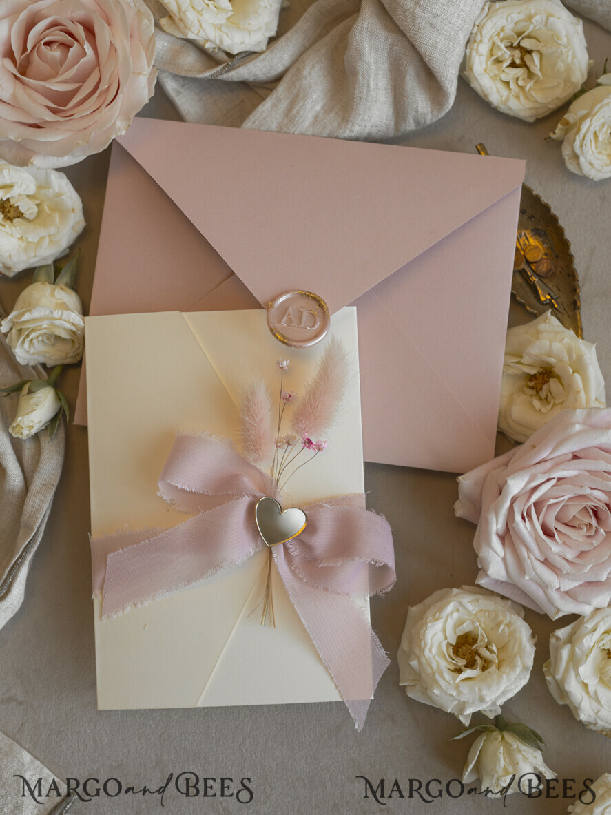 WEDDING INVITATIONS whimsical boho invites Folder Blush Gold Wedding Invitation with chiffon torn bow and natural dried flowers, Golden Elegant Roses Floral Wedding Invitation with golden mirror heart