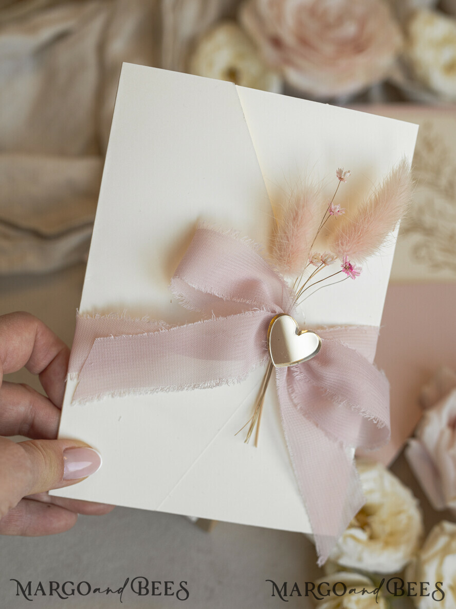 WEDDING INVITATIONS whimsical boho invites Folder Blush Gold Wedding Invitation with chiffon torn bow and natural dried flowers, Golden Elegant Roses Floral Wedding Invitation with golden mirror heart