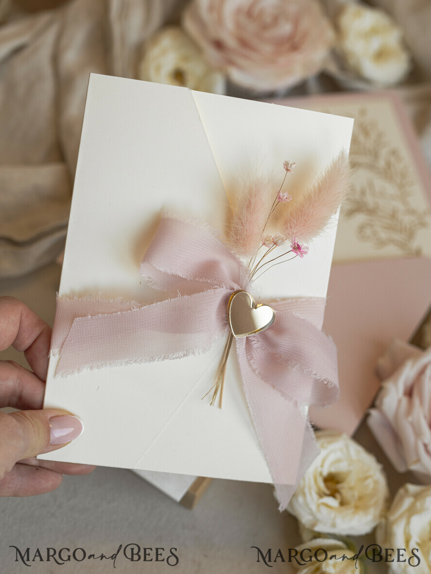 WEDDING INVITATIONS whimsical boho invites Folder Blush Gold Wedding Invitation with chiffon torn bow and natural dried flowers, Golden Elegant Roses Floral Wedding Invitation with golden mirror heart