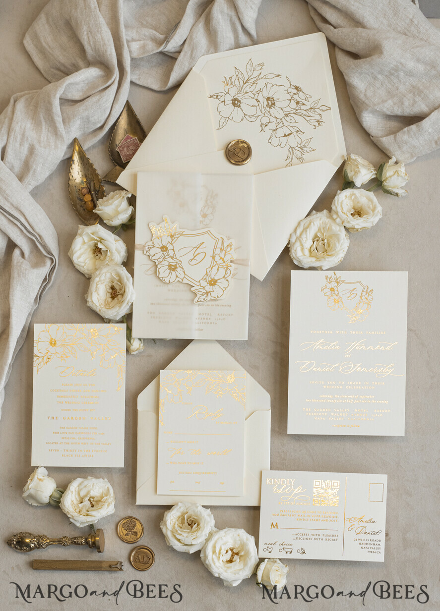 WEDDING INVITATIONS whimsical boho invites Vintage Floral Crest Monogram Blush Wedding Invitation with chiffon torn bow,  French Provence Garden Elegant Floral Wedding Invitation suite Deckled Torn edges , Elegant Toile de Jouy & Baroque Invitation set 
