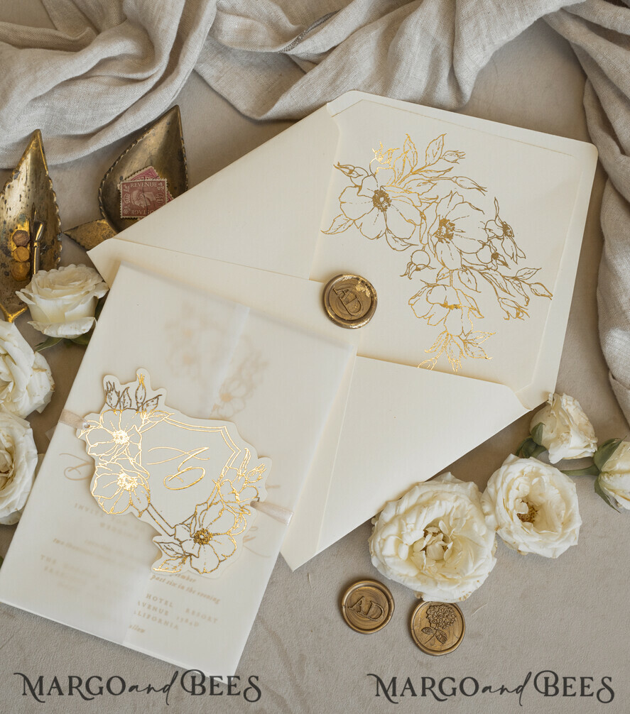 WEDDING INVITATIONS whimsical boho invites Vintage Floral Crest Monogram Blush Wedding Invitation with chiffon torn bow,  French Provence Garden Elegant Floral Wedding Invitation suite Deckled Torn edges , Elegant Toile de Jouy & Baroque Invitation set 