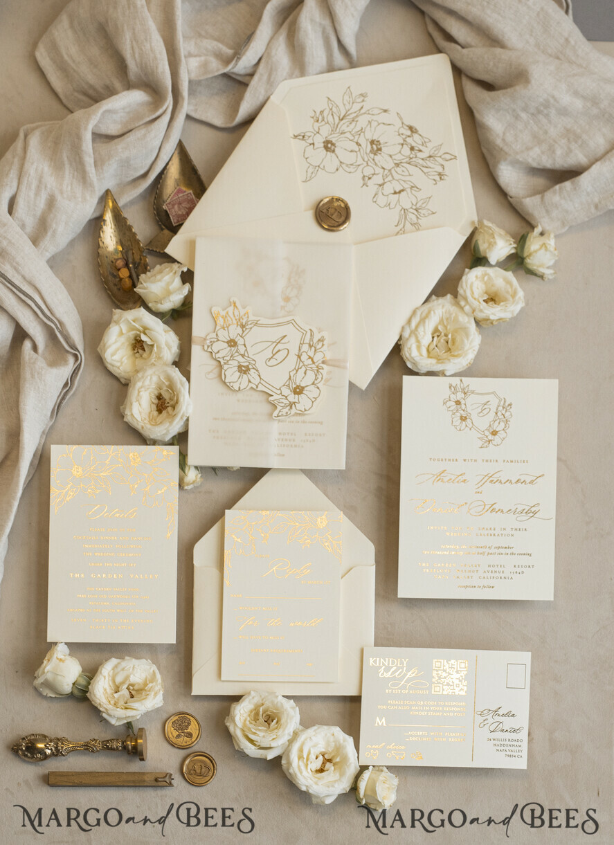 WEDDING INVITATIONS whimsical boho invites Vintage Floral Crest Monogram Blush Wedding Invitation with chiffon torn bow,  French Provence Garden Elegant Floral Wedding Invitation suite Deckled Torn edges , Elegant Toile de Jouy & Baroque Invitation set 