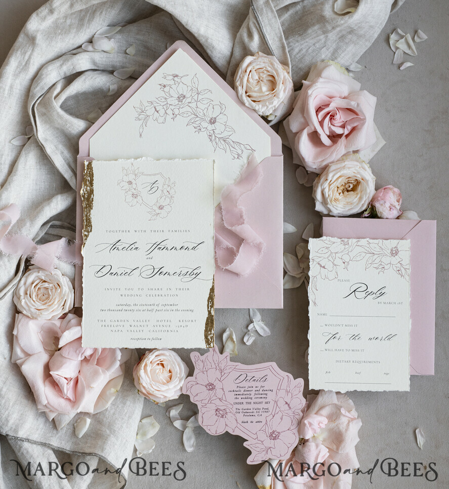 WEDDING INVITATIONS whimsical boho invites Vintage Floral Crest Monogram Blush Wedding Invitation with chiffon torn bow,  French Provence Garden Elegant Floral Wedding Invitation suite Deckled Torn edges , Elegant Toile de Jouy & Baroque Invitation set 