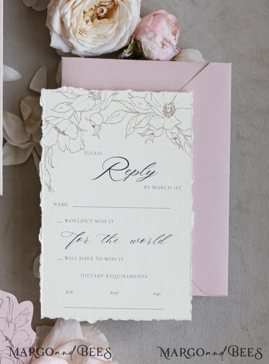 WEDDING INVITATIONS whimsical boho invites Vintage Floral Crest Monogram Blush Wedding Invitation with chiffon torn bow,  French Provence Garden Elegant Floral Wedding Invitation suite Deckled Torn edges , Elegant Toile de Jouy & Baroque Invitation set 