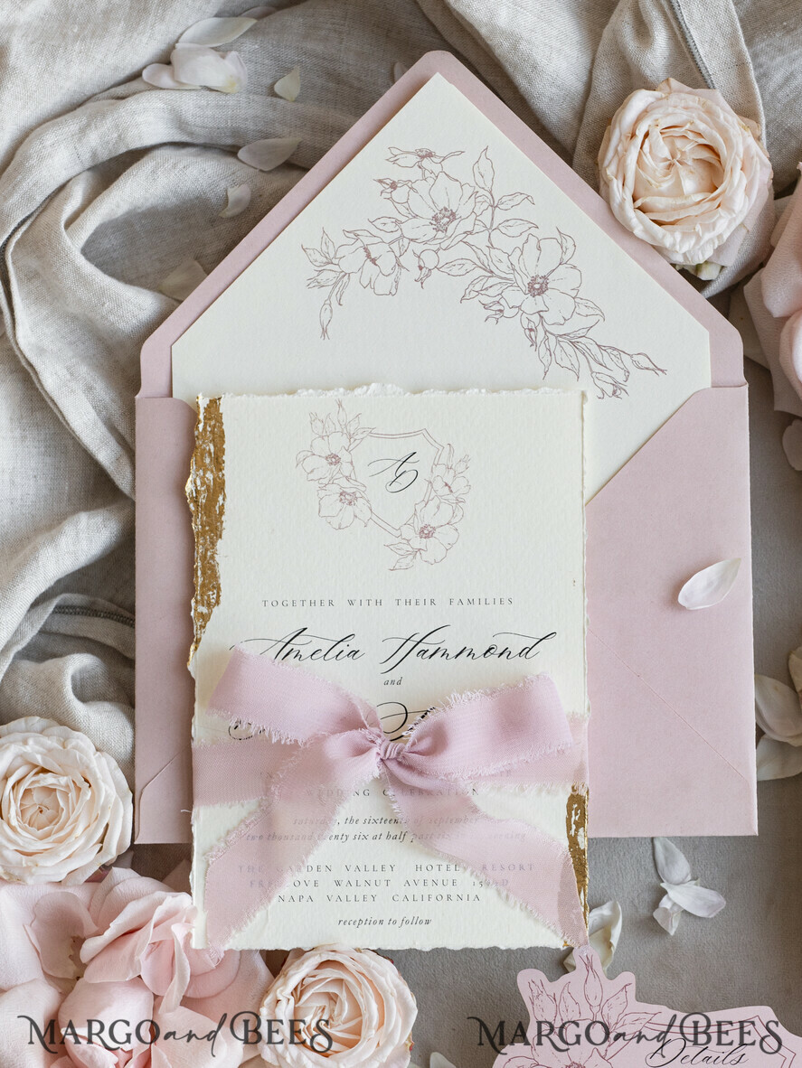 WEDDING INVITATIONS whimsical boho invites Vintage Floral Crest Monogram Blush Wedding Invitation with chiffon torn bow,  French Provence Garden Elegant Floral Wedding Invitation suite Deckled Torn edges , Elegant Toile de Jouy & Baroque Invitation set 