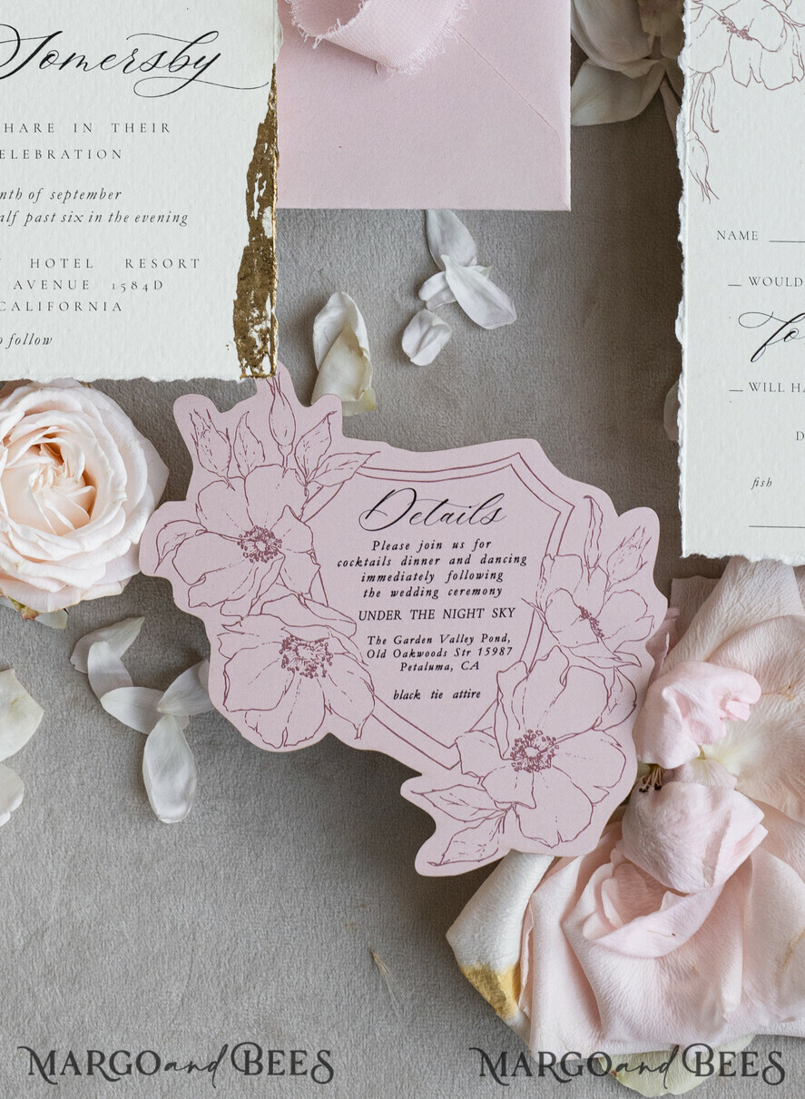 WEDDING INVITATIONS whimsical boho invites Vintage Floral Crest Monogram Blush Wedding Invitation with chiffon torn bow,  French Provence Garden Elegant Floral Wedding Invitation suite Deckled Torn edges , Elegant Toile de Jouy & Baroque Invitation set 