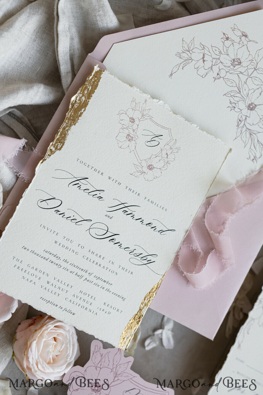 WEDDING INVITATIONS whimsical boho invites Vintage Floral Crest Monogram Blush Wedding Invitation with chiffon torn bow,  French Provence Garden Elegant Floral Wedding Invitation suite Deckled Torn edges , Elegant Toile de Jouy & Baroque Invitation set 