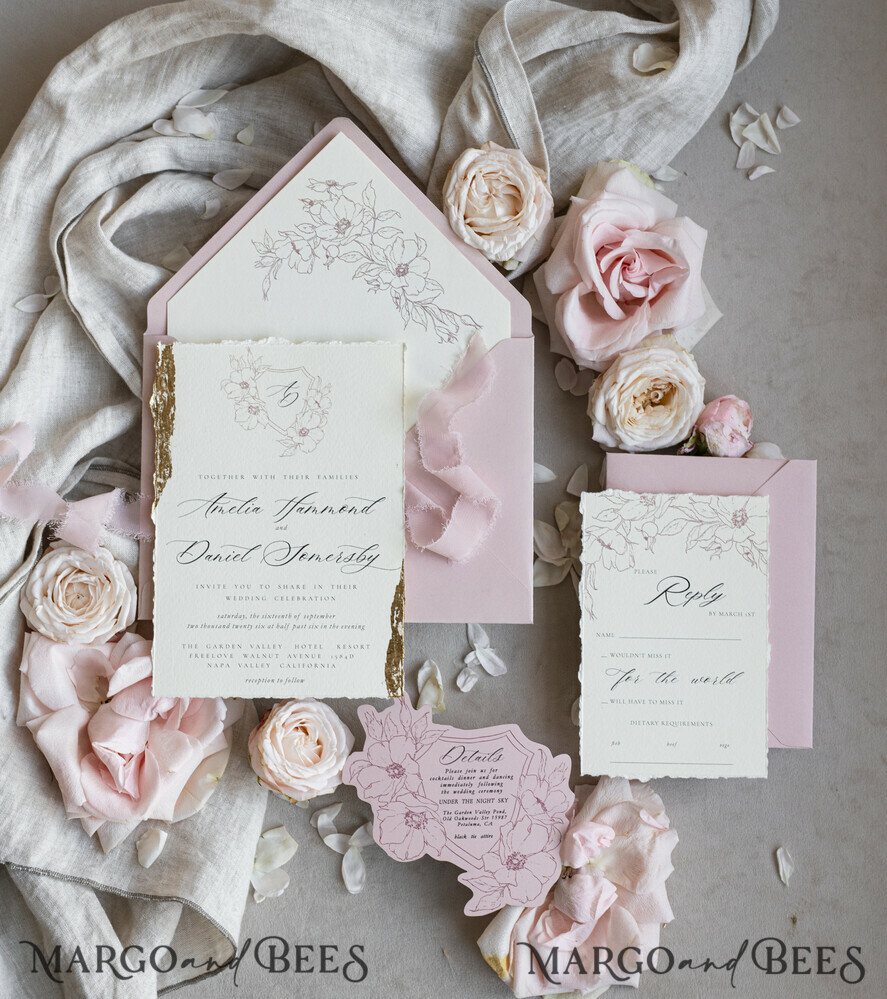 WEDDING INVITATIONS whimsical boho invites Vintage Floral Crest Monogram Blush Wedding Invitation with chiffon torn bow,  French Provence Garden Elegant Floral Wedding Invitation suite Deckled Torn edges , Elegant Toile de Jouy & Baroque Invitation set 