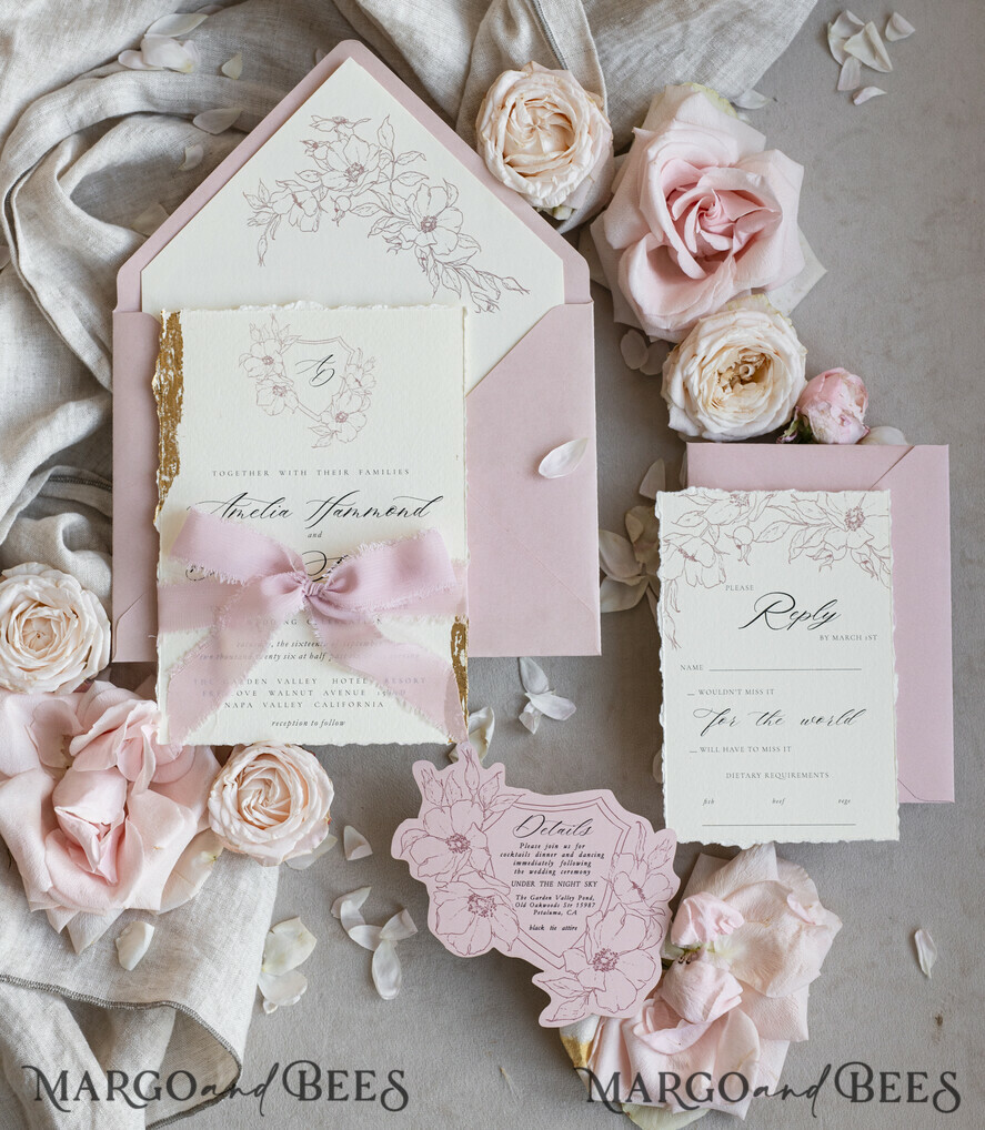 WEDDING INVITATIONS whimsical boho invites Vintage Floral Crest Monogram Blush Wedding Invitation with chiffon torn bow,  French Provence Garden Elegant Floral Wedding Invitation suite Deckled Torn edges , Elegant Toile de Jouy & Baroque Invitation set 