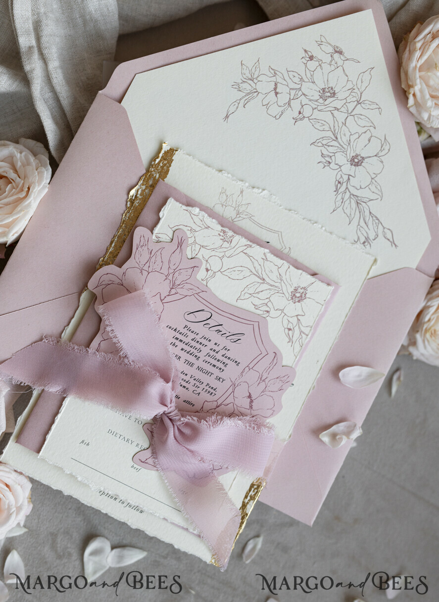WEDDING INVITATIONS whimsical boho invites Vintage Floral Crest Monogram Blush Wedding Invitation with chiffon torn bow,  French Provence Garden Elegant Floral Wedding Invitation suite Deckled Torn edges , Elegant Toile de Jouy & Baroque Invitation set 