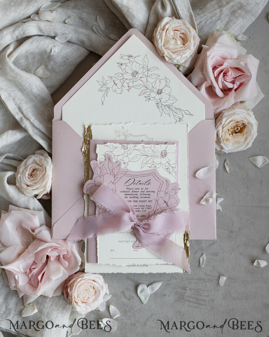 WEDDING INVITATIONS whimsical boho invites Vintage Floral Crest Monogram Blush Wedding Invitation with chiffon torn bow,  French Provence Garden Elegant Floral Wedding Invitation suite Deckled Torn edges , Elegant Toile de Jouy & Baroque Invitation set 