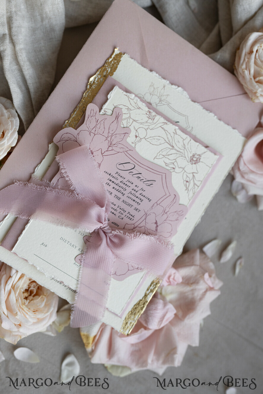 WEDDING INVITATIONS whimsical boho invites Vintage Floral Crest Monogram Blush Wedding Invitation with chiffon torn bow,  French Provence Garden Elegant Floral Wedding Invitation suite Deckled Torn edges , Elegant Toile de Jouy & Baroque Invitation set 