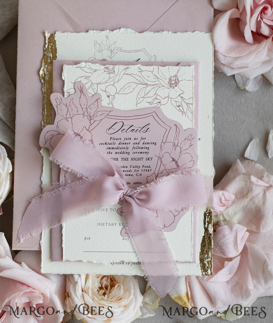 WEDDING INVITATIONS whimsical boho invites Vintage Floral Crest Monogram Blush Wedding Invitation with chiffon torn bow,  French Provence Garden Elegant Floral Wedding Invitation suite Deckled Torn edges , Elegant Toile de Jouy & Baroque Invitation set 