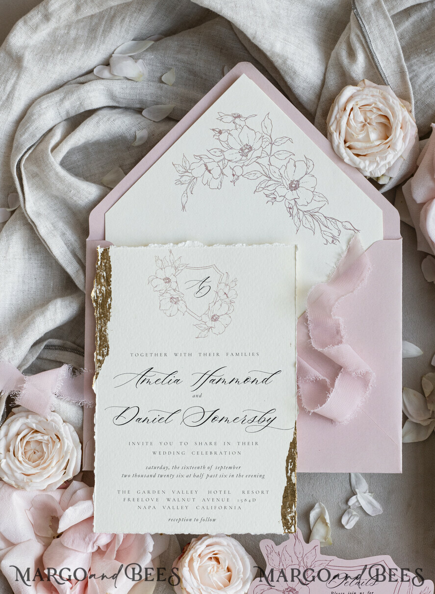 WEDDING INVITATIONS whimsical boho invites Vintage Floral Crest Monogram Blush Wedding Invitation with chiffon torn bow,  French Provence Garden Elegant Floral Wedding Invitation suite Deckled Torn edges , Elegant Toile de Jouy & Baroque Invitation set 