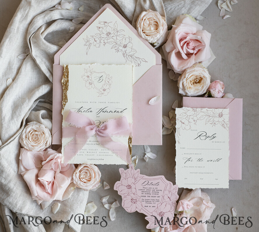 WEDDING INVITATIONS whimsical boho invites Vintage Floral Crest Monogram Blush Wedding Invitation with chiffon torn bow,  French Provence Garden Elegant Floral Wedding Invitation suite Deckled Torn edges , Elegant Toile de Jouy & Baroque Invitation set 