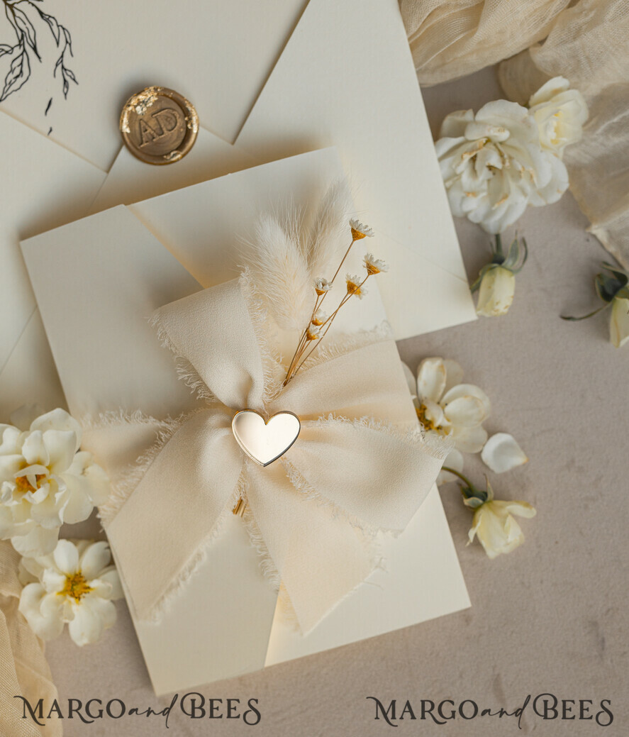 WEDDING INVITATIONS whimsical boho invites Folder Ivory Gold Wedding Invitation with chiffon torn bow and natural dried flowers , Golden Elegant Roses Floral Wedding Invitation with golden mirror heart