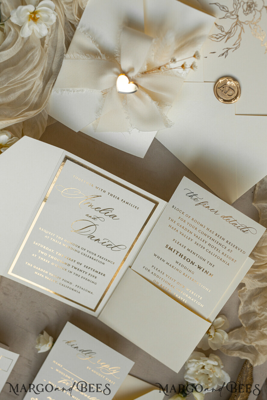 WEDDING INVITATIONS whimsical boho invites Folder Ivory Gold Wedding Invitation with chiffon torn bow and natural dried flowers , Golden Elegant Roses Floral Wedding Invitation with golden mirror heart