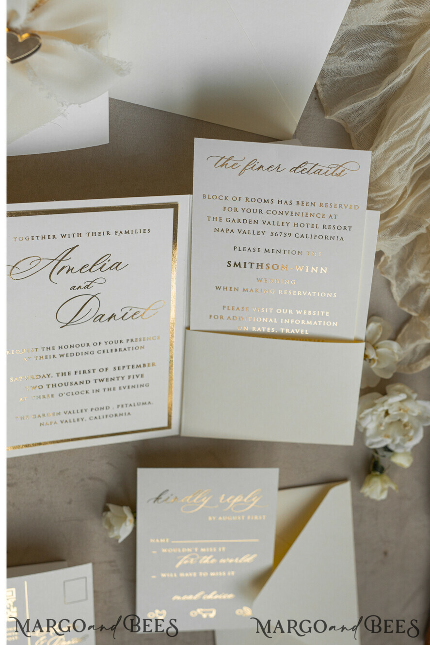 WEDDING INVITATIONS whimsical boho invites Folder Ivory Gold Wedding Invitation with chiffon torn bow and natural dried flowers , Golden Elegant Roses Floral Wedding Invitation with golden mirror heart