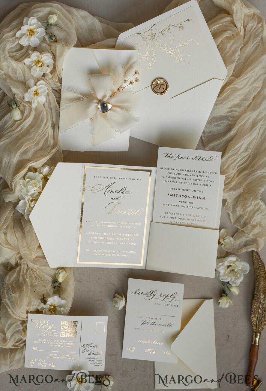 WEDDING INVITATIONS whimsical boho invites Folder Ivory Gold Wedding Invitation with chiffon torn bow and natural dried flowers , Golden Elegant Roses Floral Wedding Invitation with golden mirror heart