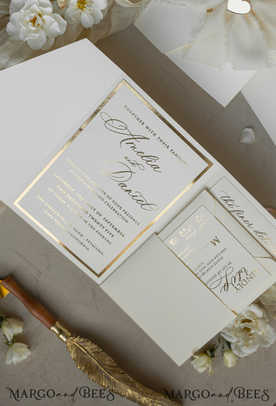 WEDDING INVITATIONS whimsical boho invites Folder Ivory Gold Wedding Invitation with chiffon torn bow and natural dried flowers , Golden Elegant Roses Floral Wedding Invitation with golden mirror heart