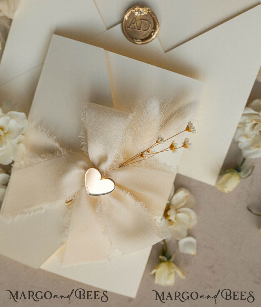 WEDDING INVITATIONS whimsical boho invites Folder Ivory Gold Wedding Invitation with chiffon torn bow and natural dried flowers , Golden Elegant Roses Floral Wedding Invitation with golden mirror heart