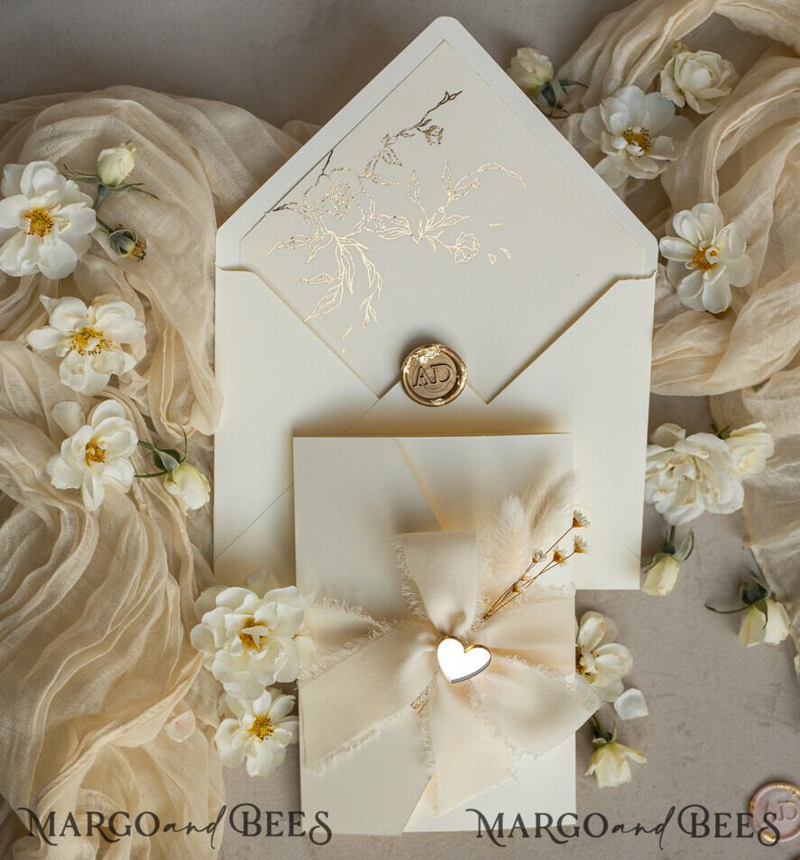 WEDDING INVITATIONS whimsical boho invites Folder Ivory Gold Wedding Invitation with chiffon torn bow and natural dried flowers , Golden Elegant Roses Floral Wedding Invitation with golden mirror heart