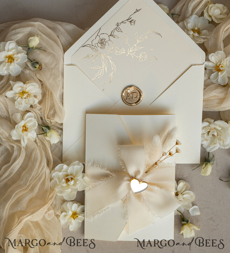 WEDDING INVITATIONS whimsical boho invites Folder Ivory Gold Wedding Invitation with chiffon torn bow and natural dried flowers , Golden Elegant Roses Floral Wedding Invitation with golden mirror heart