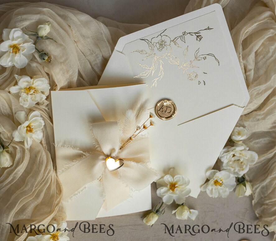 WEDDING INVITATIONS whimsical boho invites Folder Ivory Gold Wedding Invitation with chiffon torn bow and natural dried flowers , Golden Elegant Roses Floral Wedding Invitation with golden mirror heart