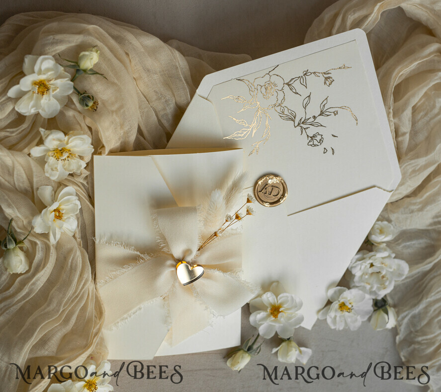 WEDDING INVITATIONS whimsical boho invites Folder Ivory Gold Wedding Invitation with chiffon torn bow and natural dried flowers , Golden Elegant Roses Floral Wedding Invitation with golden mirror heart