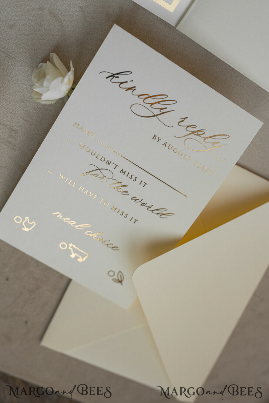 WEDDING INVITATIONS whimsical boho invites Folder Ivory Gold Wedding Invitation with chiffon torn bow and natural dried flowers , Golden Elegant Roses Floral Wedding Invitation with golden mirror heart