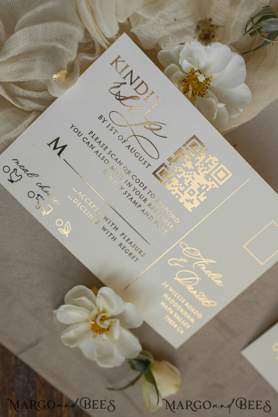 WEDDING INVITATIONS whimsical boho invites Folder Ivory Gold Wedding Invitation with chiffon torn bow and natural dried flowers , Golden Elegant Roses Floral Wedding Invitation with golden mirror heart