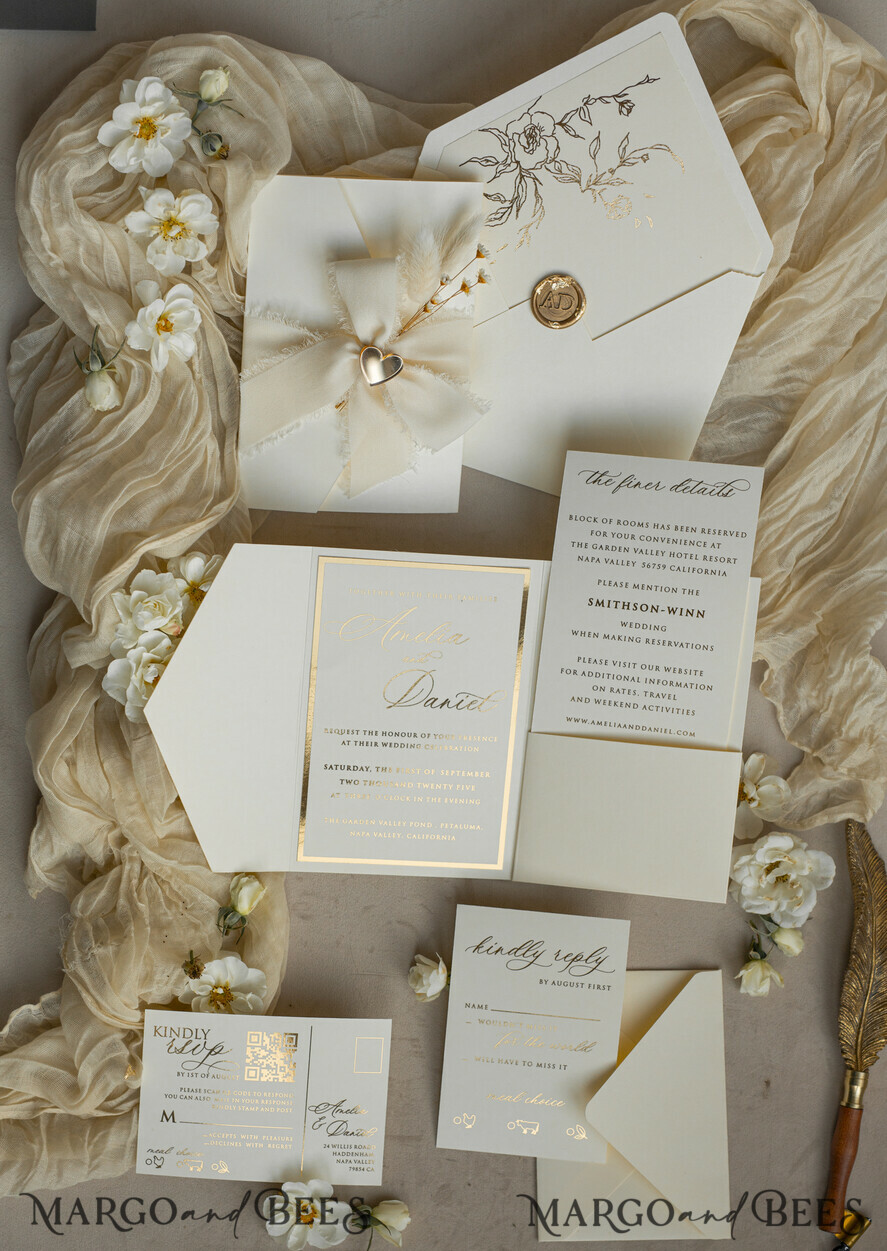 WEDDING INVITATIONS whimsical boho invites Folder Ivory Gold Wedding Invitation with chiffon torn bow and natural dried flowers , Golden Elegant Roses Floral Wedding Invitation with golden mirror heart