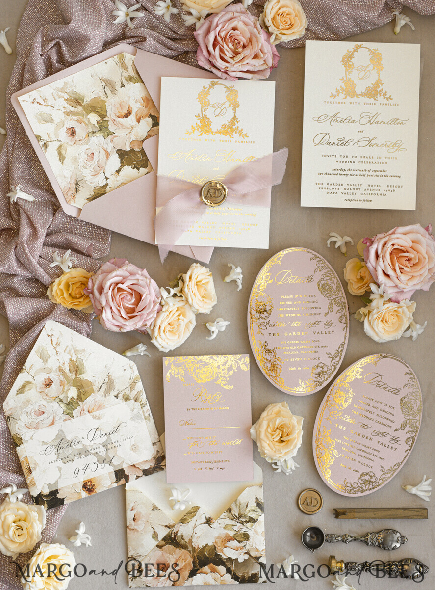 WEDDING INVITATIONS Vintage Baroque Vintage Baroque Wedding Invitation suite  Beige Golden Fine art Roses Wedding Invitations with rsvp Victorian wedding crest Chinoiserie Invites Royal Ornamental frame