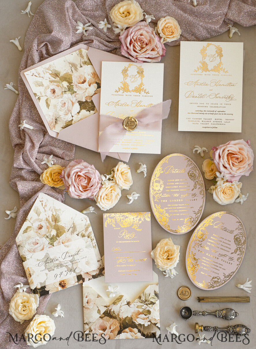 WEDDING INVITATIONS Vintage Baroque Vintage Baroque Wedding Invitation suite  Beige Golden Fine art Roses Wedding Invitations with rsvp Victorian wedding crest Chinoiserie Invites Royal Ornamental frame