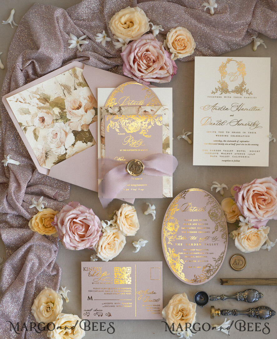 WEDDING INVITATIONS Vintage Baroque Vintage Baroque Wedding Invitation suite  Beige Golden Fine art Roses Wedding Invitations with rsvp Victorian wedding crest Chinoiserie Invites Royal Ornamental frame