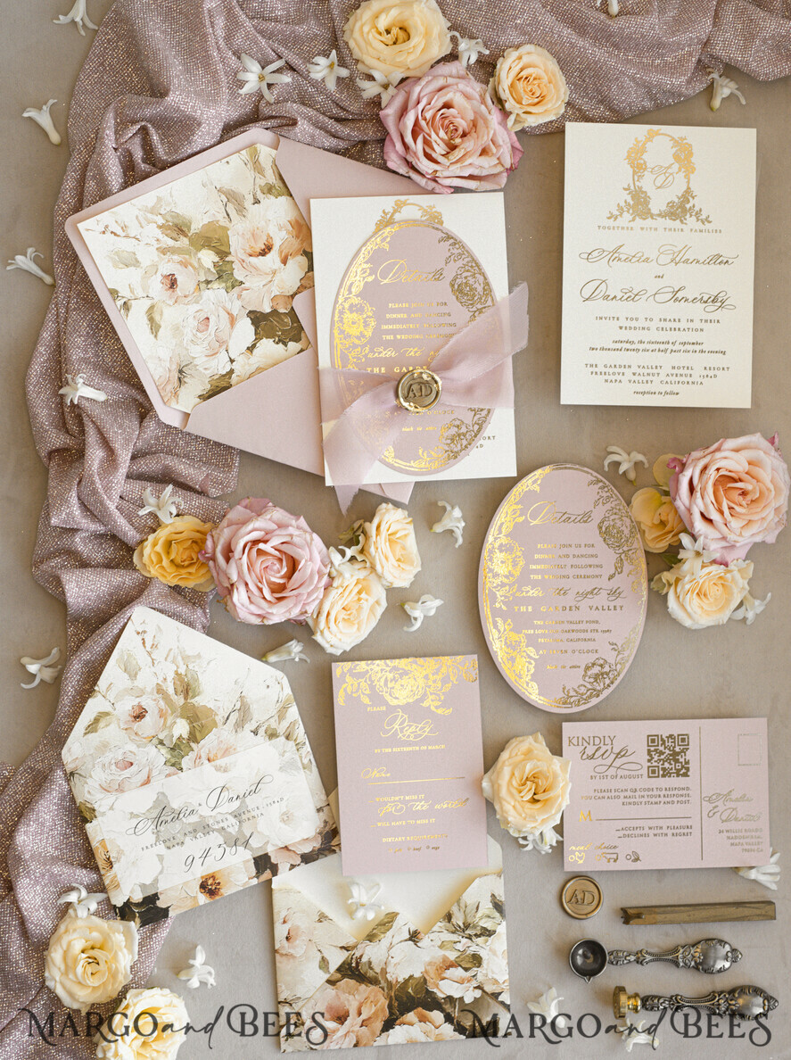 WEDDING INVITATIONS Vintage Baroque Vintage Baroque Wedding Invitation suite  Beige Golden Fine art Roses Wedding Invitations with rsvp Victorian wedding crest Chinoiserie Invites Royal Ornamental frame
