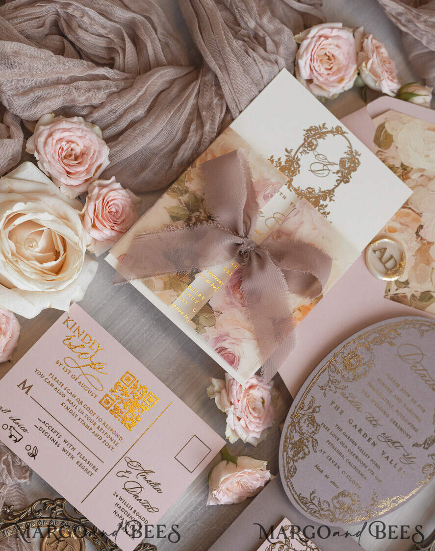 WEDDING INVITATIONS Vintage Baroque Vintage Baroque Wedding Invitation suite  Beige Golden Fine art Roses Wedding Invitations with rsvp Victorian wedding crest Chinoiserie Invites Royal Ornamental frame