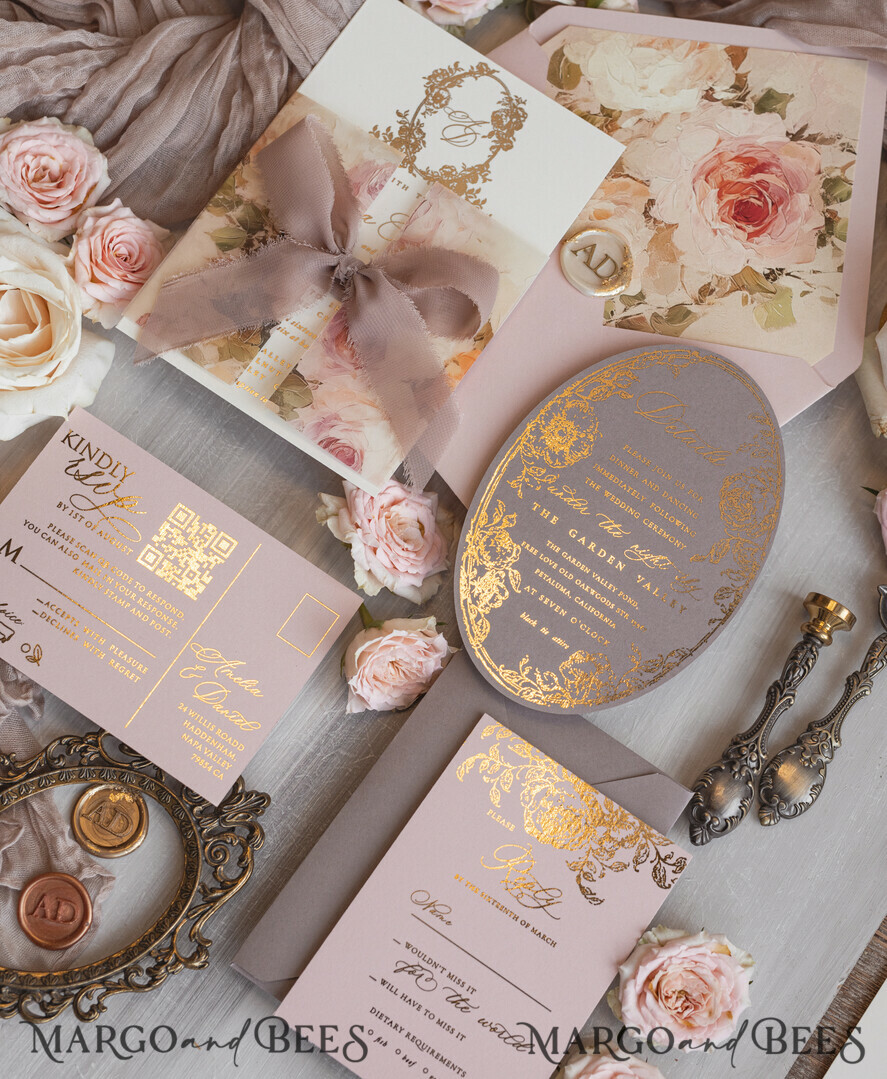 WEDDING INVITATIONS Vintage Baroque Vintage Baroque Wedding Invitation suite  Beige Golden Fine art Roses Wedding Invitations with rsvp Victorian wedding crest Chinoiserie Invites Royal Ornamental frame