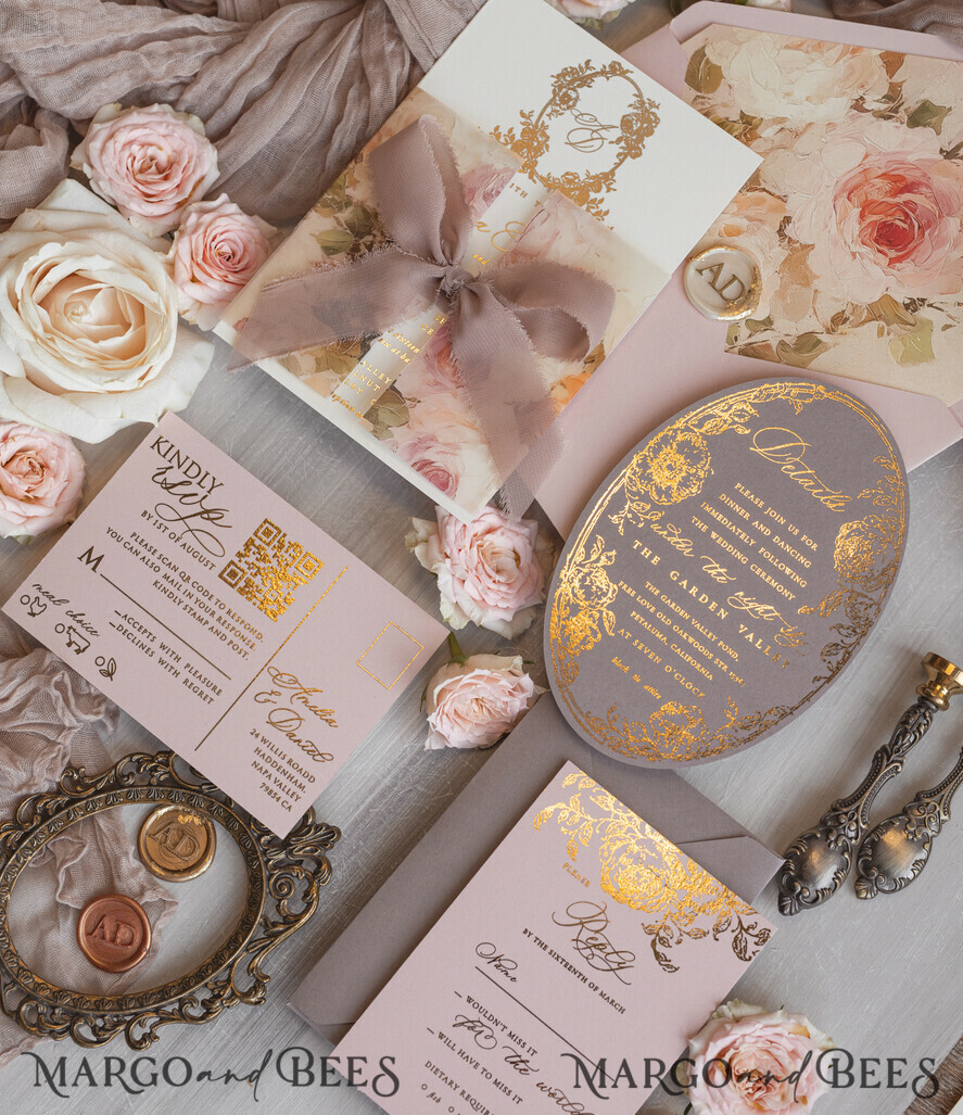 WEDDING INVITATIONS Vintage Baroque Vintage Baroque Wedding Invitation suite  Beige Golden Fine art Roses Wedding Invitations with rsvp Victorian wedding crest Chinoiserie Invites Royal Ornamental frame