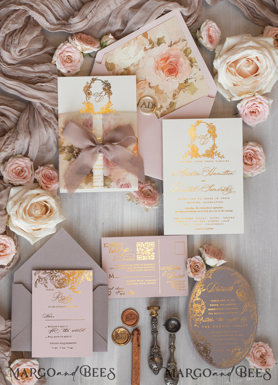 WEDDING INVITATIONS Vintage Baroque Vintage Baroque Wedding Invitation suite  Beige Golden Fine art Roses Wedding Invitations with rsvp Victorian wedding crest Chinoiserie Invites Royal Ornamental frame
