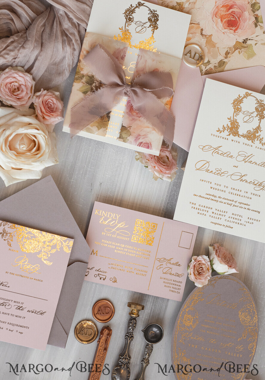 WEDDING INVITATIONS Vintage Baroque Vintage Baroque Wedding Invitation suite  Beige Golden Fine art Roses Wedding Invitations with rsvp Victorian wedding crest Chinoiserie Invites Royal Ornamental frame