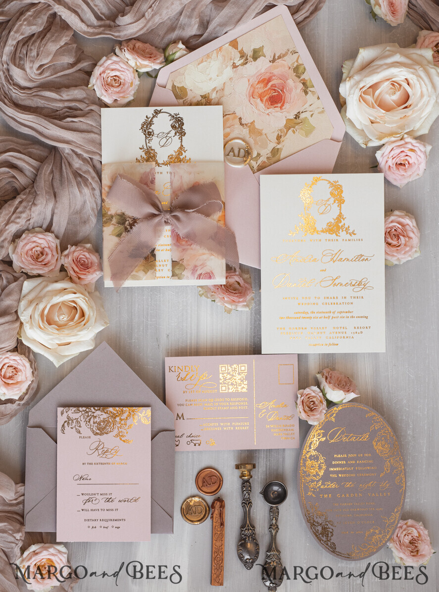 WEDDING INVITATIONS Vintage Baroque Vintage Baroque Wedding Invitation suite  Beige Golden Fine art Roses Wedding Invitations with rsvp Victorian wedding crest Chinoiserie Invites Royal Ornamental frame