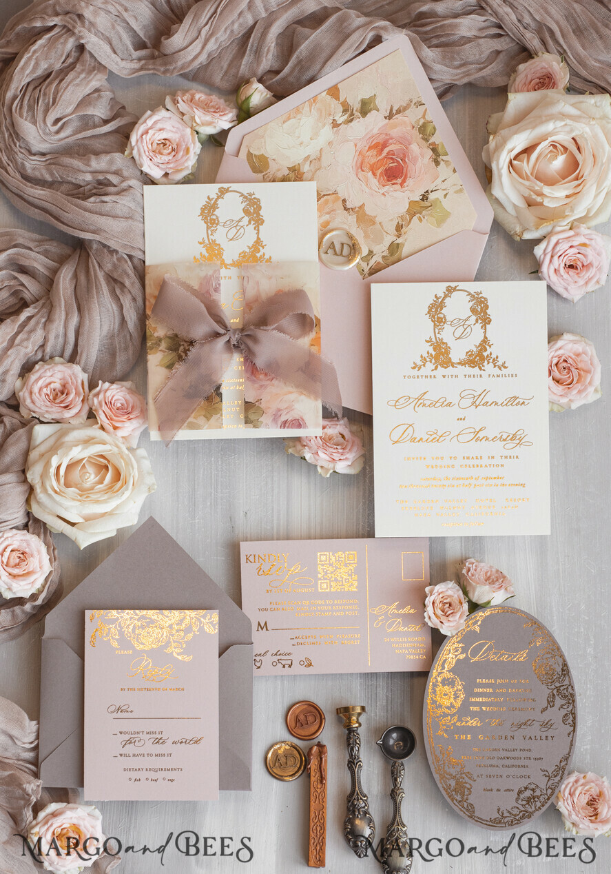 WEDDING INVITATIONS Vintage Baroque Vintage Baroque Wedding Invitation suite  Beige Golden Fine art Roses Wedding Invitations with rsvp Victorian wedding crest Chinoiserie Invites Royal Ornamental frame