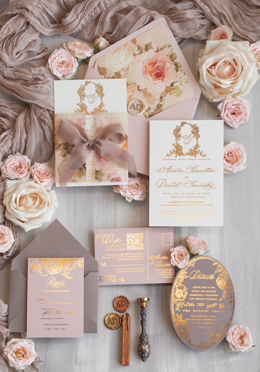 WEDDING INVITATIONS Vintage Baroque Vintage Baroque Wedding Invitation suite  Beige Golden Fine art Roses Wedding Invitations with rsvp Victorian wedding crest Chinoiserie Invites Royal Ornamental frame