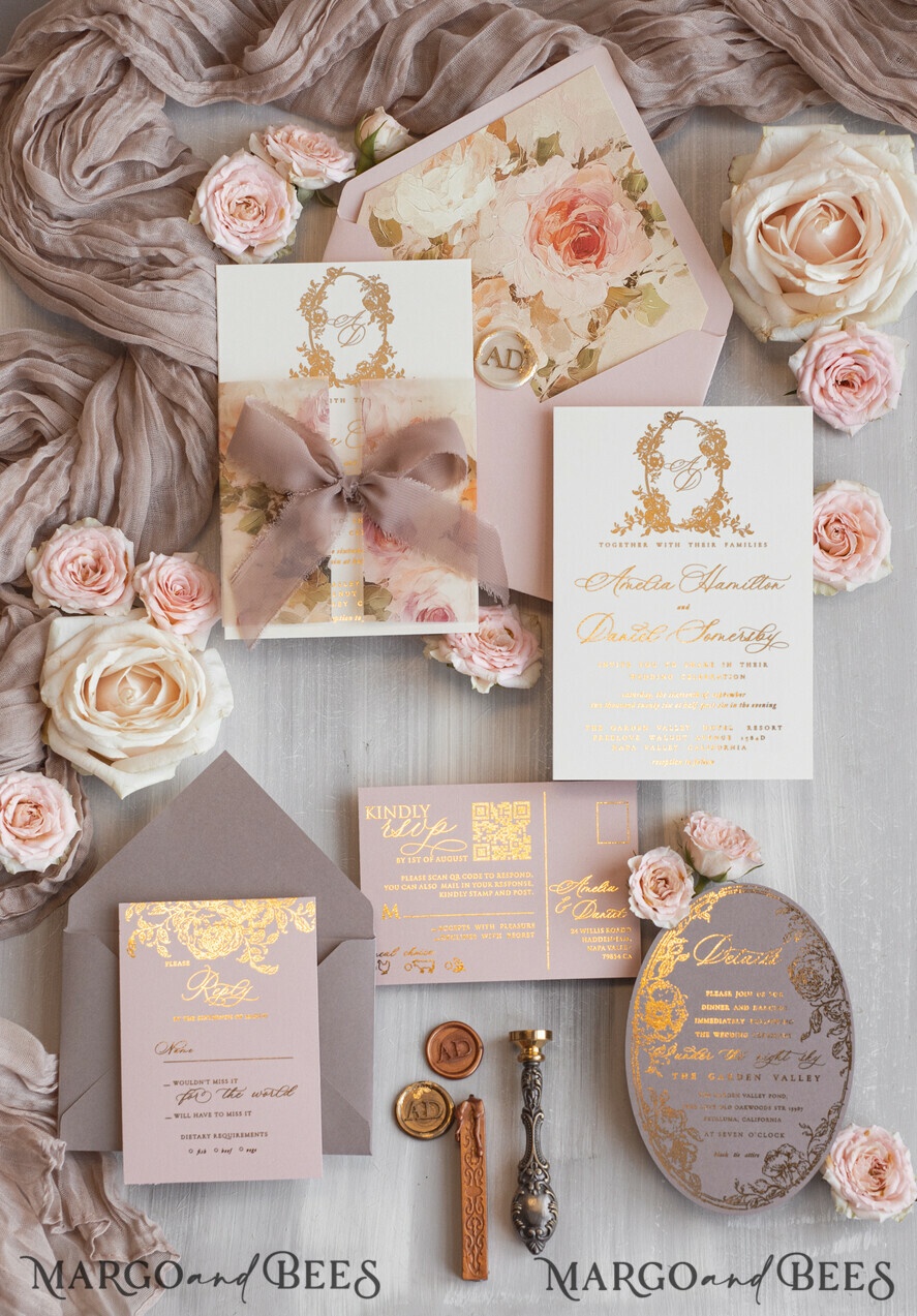 WEDDING INVITATIONS Vintage Baroque Vintage Baroque Wedding Invitation suite  Beige Golden Fine art Roses Wedding Invitations with rsvp Victorian wedding crest Chinoiserie Invites Royal Ornamental frame